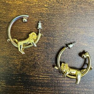 Gold Tone Lion Hoop Earrings Vintage
